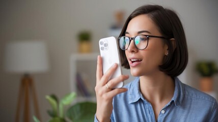 Young woman talking on smartphone with excitement in a cozy environment.