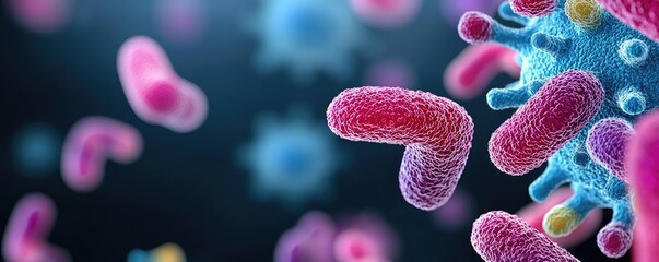 Poster - Colorful bacteria and microbes on dark background, showcasing microscopic details.