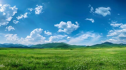 Green meadow and blue sky with clouds. Nature landscape background