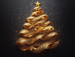 An illustration of a golden glitter minimal Christmas tree on black background. 