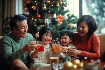 Poster - Family cherishing Christmas dinner, sharing laughter and joy around a table beautifully set with delicious food and glowing candles, a heartwarming scene of togetherness and celebration.