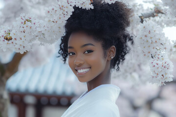 Afro woman smile wearing traditional korean hanbok cloth in cherry blossom