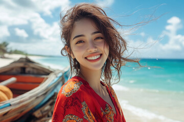 Korean woman smiling wearing kenyan tanzanian kimbeu at tropical beach