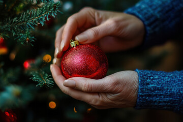 Person holding red Christmas ball, surrounded by twinkling lights and festive decorations, evoking holiday spirit and joy.