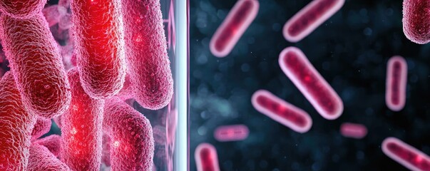 Poster - Microscopic view of bacteria with vibrant colors on a dark background.