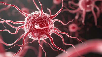 Aufkleber - Microscopic view of red cells with intricate structures on a dark background.