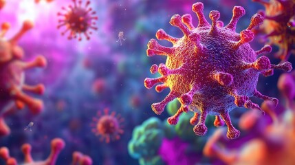 Poster - Colorful representation of viruses in a microscopic view, vibrant abstract background.