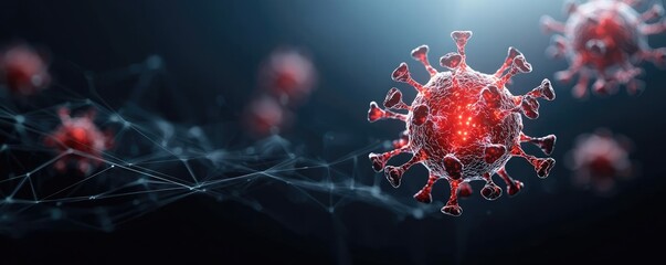 Aufkleber - Microscopic view of a virus with red spikes on a dark background.