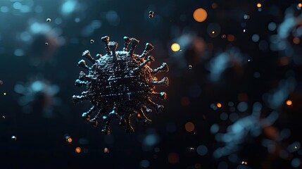 Poster - Virus cell illustration, glowing particles, dark blue background.