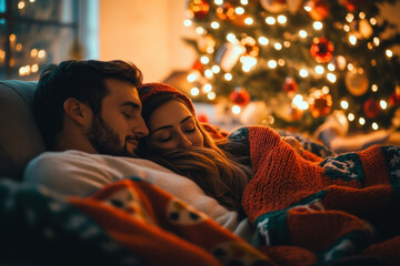 Wall Mural - Man and woman cuddling on a couch under a Christmas tree, surrounded by festive decorations. Cozy and romantic setting with holiday vibes.