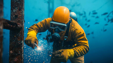 An underwater welder wearing a yellow helmet and diving suit works diligently, surrounded by marine life, creating sparks that illuminate the ocean's deep blue environment.