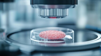 Poster - Microscope focusing on a red sample in a laboratory setting.