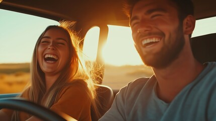 Cheerful and energetic young couple laughing and smiling together while on an exhilarating road trip surrounded by the vibrant colors of a breathtaking sunset landscape