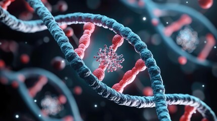 Poster - Colorful representation of DNA strands with floating particles on dark background.
