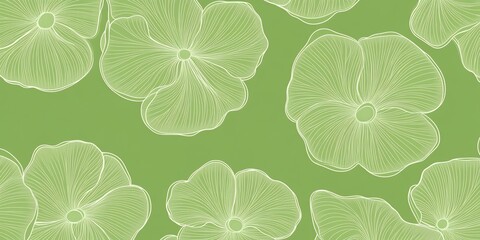 abstract pansy light green flowers on solid green backdrop, abstract pattern for wallpaper textile flyer background, flat smooth minimalist design