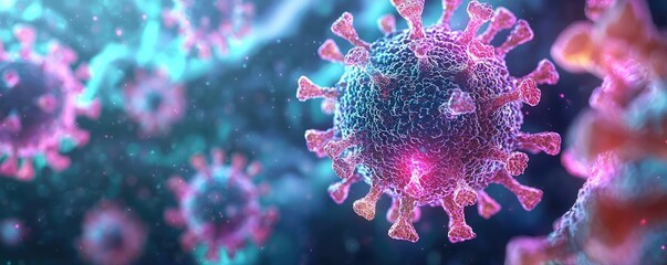 Poster - Colorful virus cells floating in a digital space, abstract visualization.