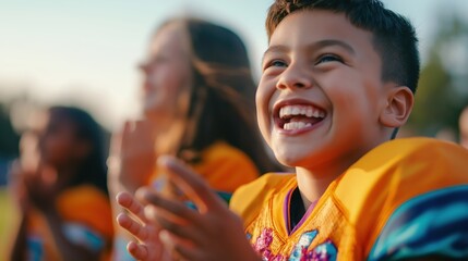 Portrait of a cheerful young boy with a broad genuine smile laughing and enjoying outdoor playtime in a sunny grassy field expressing happiness joy and carefree childhood innocence