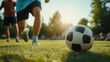 © Pisan - Soccer players running and competing on a grassy field during a sunny evening game or practice session  Outdoor sports and recreational activity on a beautiful summer day