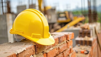 Yellow Hardhat on Brick Wall at Construction Site