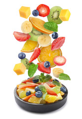 Poster - Tasty fruit salad. Fresh ingredients falling into bowl on white background