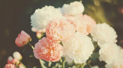 Wall Mural - In a serene garden, vibrant peonies display their delicate petals as golden light highlights their vibrant colors during spring