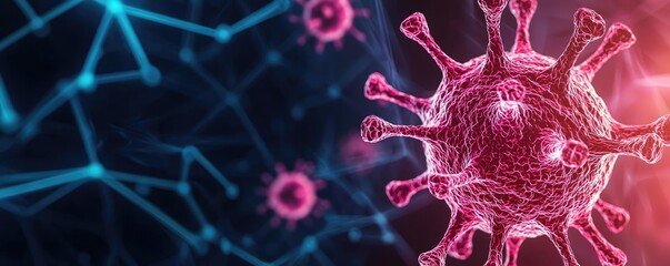 Poster - Close-up of a virus, surrounded by molecular structures, abstract background.