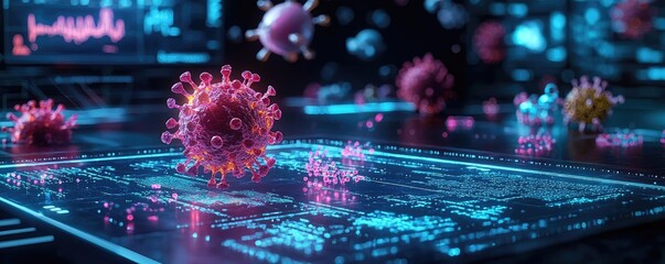 Aufkleber - Colorful visualization of viruses on a digital interface, futuristic design.