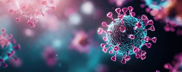 Poster - Colorful microscopic view of virus particles on a dark background.