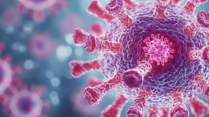 Poster - Close-up view of a virus cell structure, vibrant colors on abstract background.