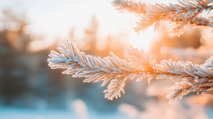 Wall Mural - Snowflakes gently rest on the pine branch as the warm glow of the setting sun illuminates the winter landscape