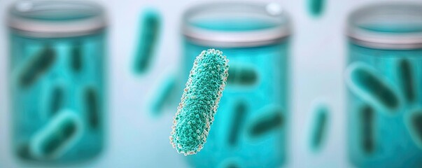 Aufkleber - Bacteria floating in green liquid with jars in the background, white isolate background