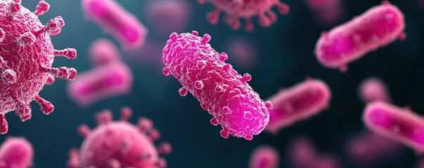 Poster - Microscopic view of bacteria in vibrant pink colors against a dark background.