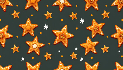 Wall Mural - seamless Christmas pattern banner with hand made gingerbread cookie stars isolated with white highlights, png