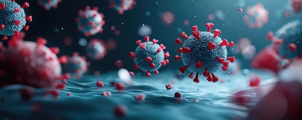 Poster - Viral particles in water, illuminated with a soft blue glow, on a dark background.