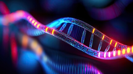 Poster - Colorful digital representation of DNA strand on a dark background.