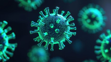 Poster - Microscopic view of virus in vibrant green, isolated on black background.