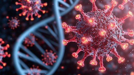Poster - Virus illustration with DNA strand, digital rendering on dark background.