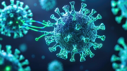Poster - Microscopic view of a virus on a dark background, glowing in shades of blue and green.