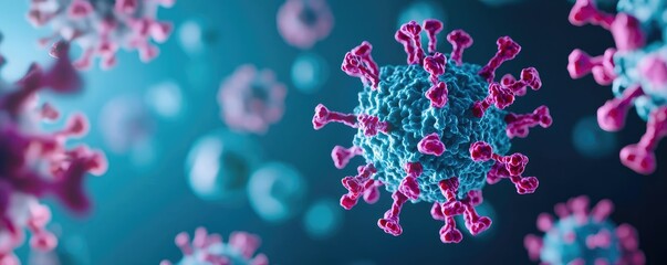 Poster - Close-up view of virus particles on a blue background.