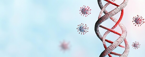 Poster - DNA strand with virus molecules on a soft blue background.