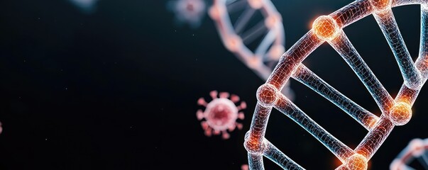 Poster - Close-up of DNA strands with virus representation, dark background.