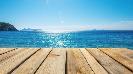 Serene Ocean View with Wooden Deck Under Clear Sky