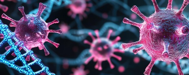 Aufkleber - Colorful representation of viruses and DNA structure on a dark background.