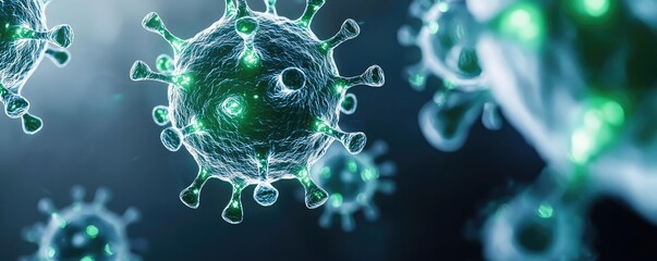 Poster - Close-up of colorful viruses, isolated on a dark background.