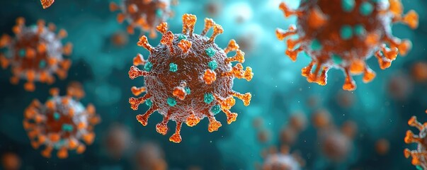 Poster - Microscopic view of a virus with orange spikes on a blue background.