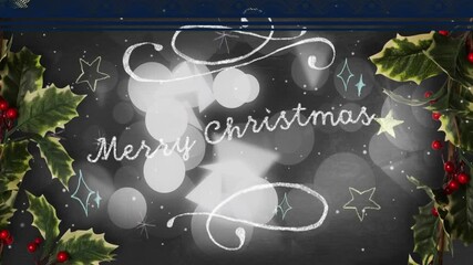 Poster - animation of white spots and merry christmas text on black background