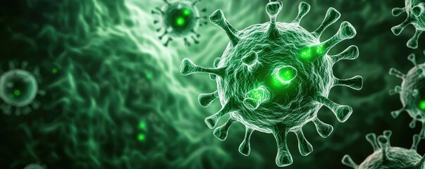 Poster - Microscopic virus illustration with green details on dark background.