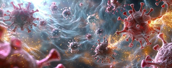 Poster - Vibrant depiction of microscopic viruses in a colorful abstract space.