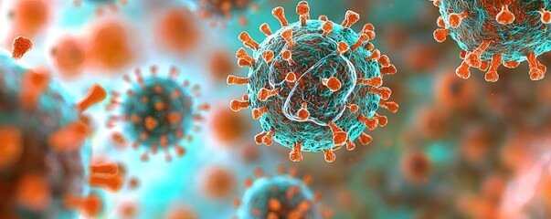 Poster - Close-up view of virus particles on a colorful background, abstract representation.