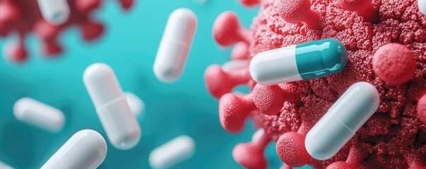 Poster - Close-up of pills and virus cells with a turquoise background.